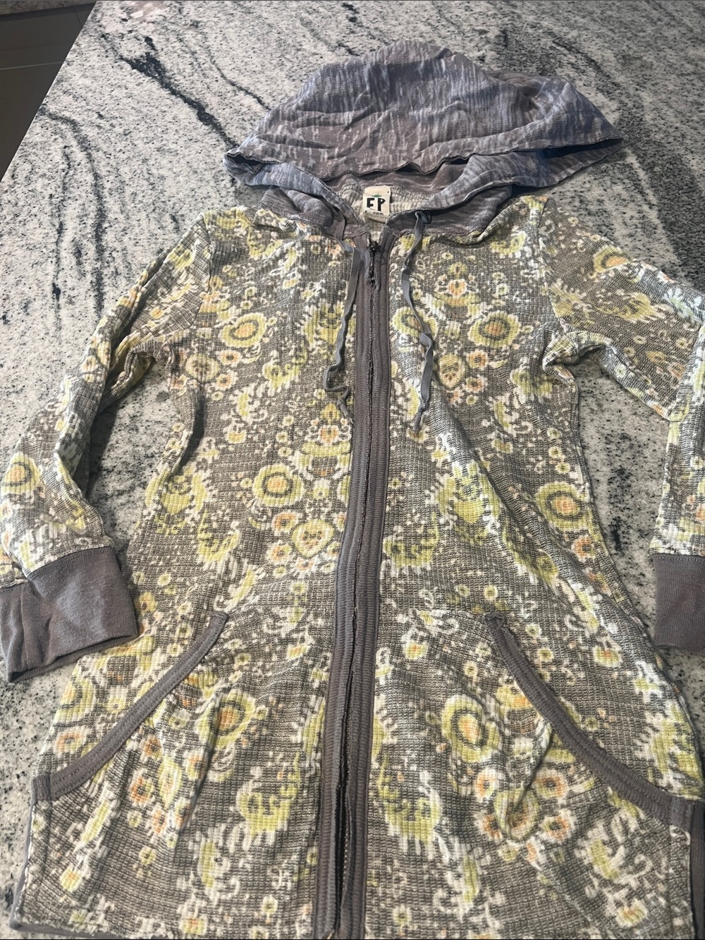 Free People Gray Floral Zip Hoodie Jacket with Yellow Accents
